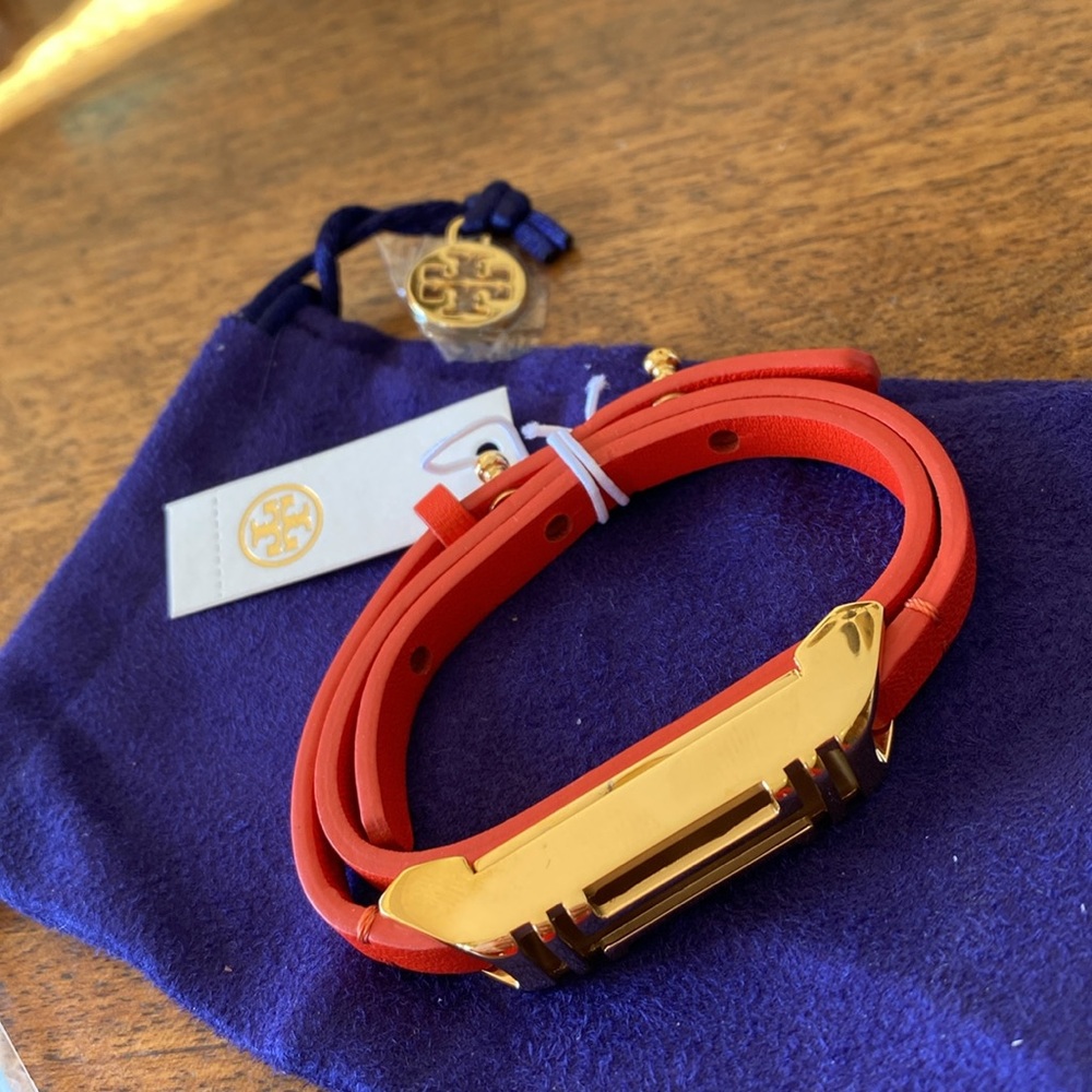 Tory Burch Red Leather Double-Wrap Bracelet Watch with Gold Plate